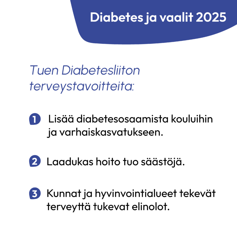 Diabetes ja vaalit
          2025 - Tuen diabetesliiton terveystavoitteita: 1. Lisää diabetesosaamista kouluihin ja
          varhaiskasvatukseen. 2. Laadukas hoito tuo säästöjä. 3. Kunnat ja hyvinvointialueet
          tekevät terveyttä tukevat elinolot.